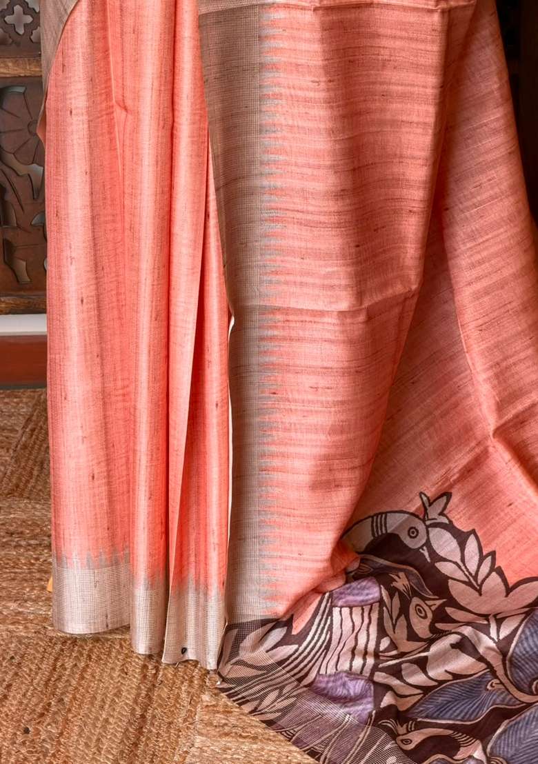 Orange Peach Tusser Silk Tussar Saree With Traditional Woven Design For Women - Indya