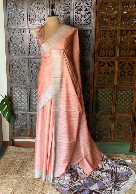 Orange Peach Tusser Silk Tussar Saree With Traditional Woven Design For Women
