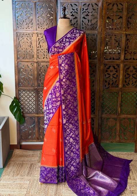 Orange And Violet Banarasi Viscose Silk Saree With Traditional Woven Design For Women