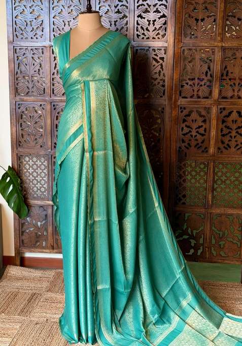 Aqua Blue Banarasi Crape Silk Saree With Traditional Woven Design For Women