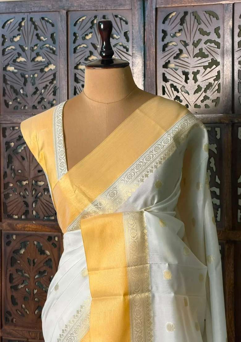 Off White And Gold Semi Banarasi Silk Saree With Traditional Woven Design For Women - Indya
