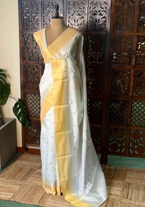 Off White And Gold Semi Banarasi Silk Saree With Traditional Woven Design For Women