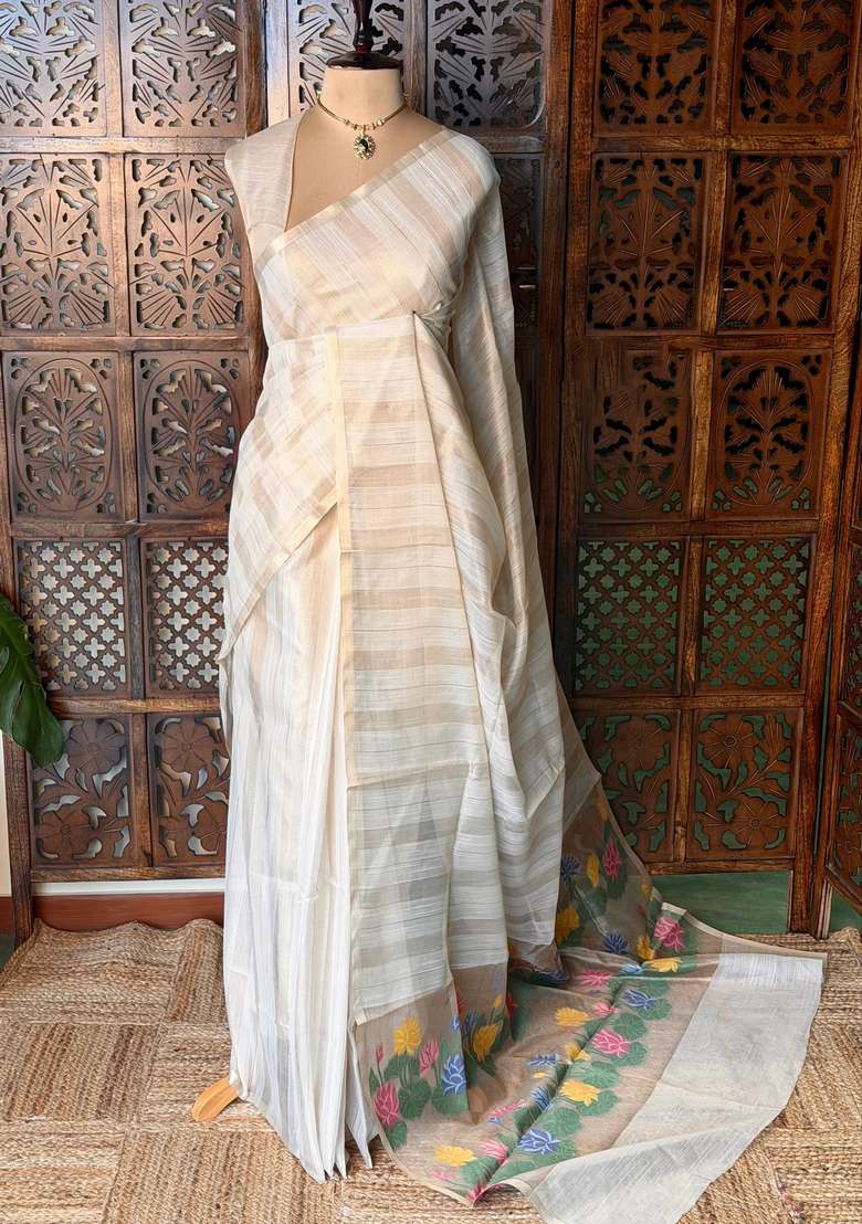 Off White Jute Tissue Saree With Traditional Woven Design For Women - Indya