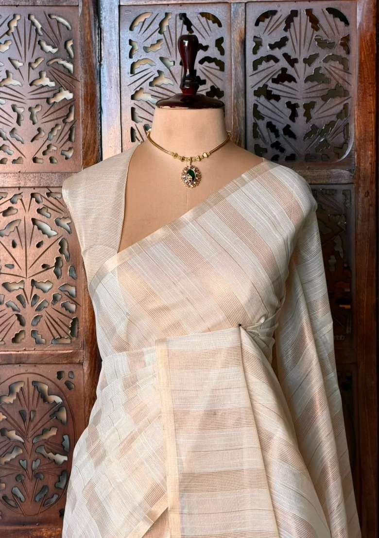 Off White Jute Tissue Saree With Traditional Woven Design For Women - Indya