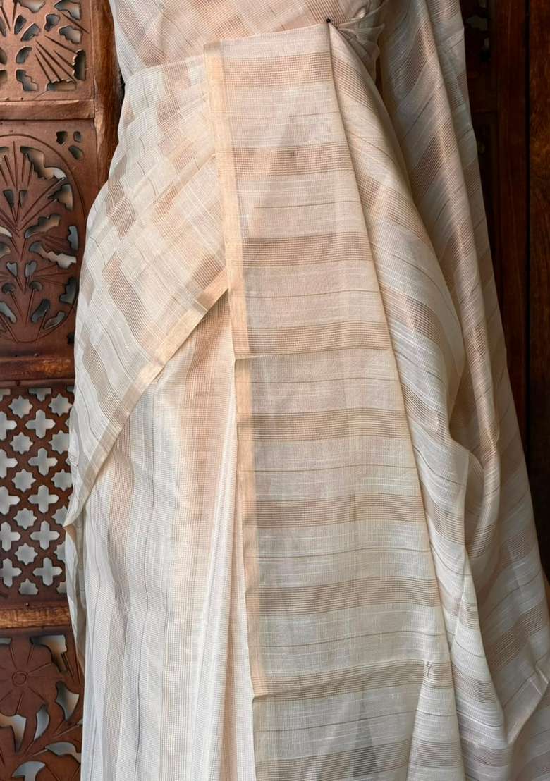 Off White Jute Tissue Saree With Traditional Woven Design For Women - Indya