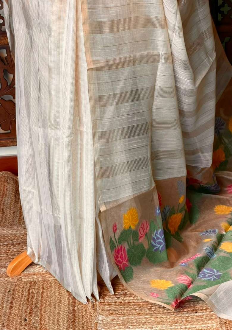 Off White Jute Tissue Saree With Traditional Woven Design For Women - Indya