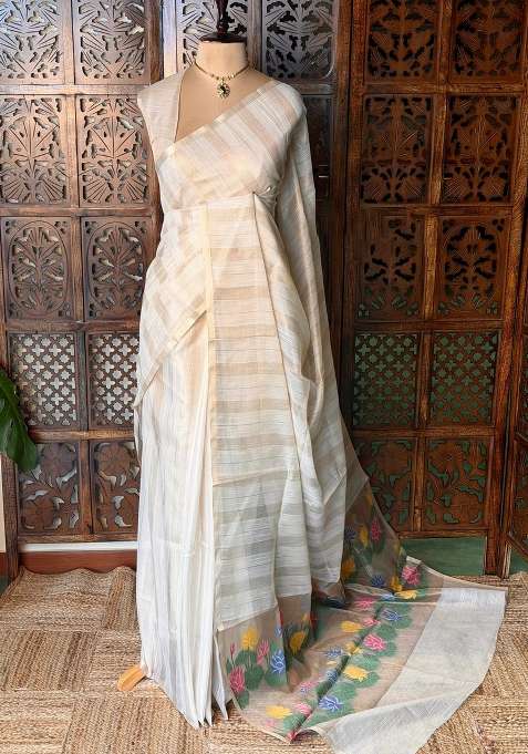 Off White Jute Tissue Saree With Traditional Woven Design For Women