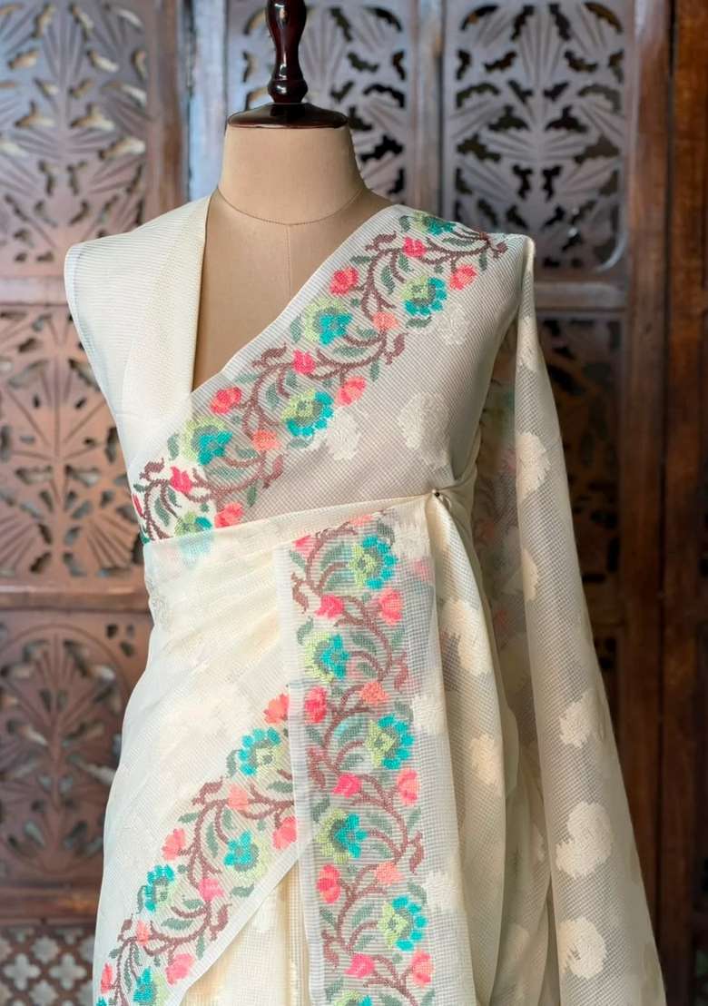 Off White Net Kotta Saree With Traditional Woven Design For Women - Indya
