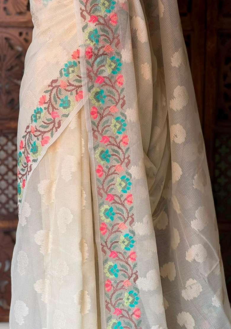 Off White Net Kotta Saree With Traditional Woven Design For Women - Indya