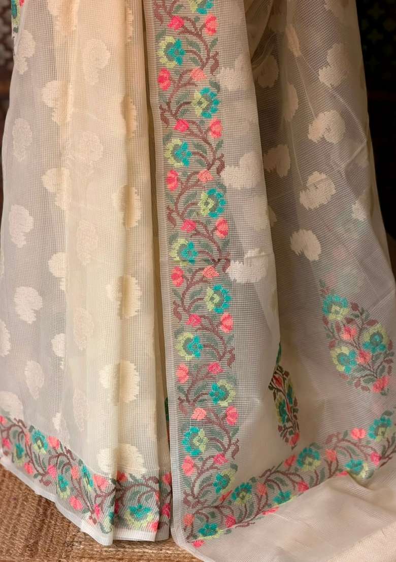 Off White Net Kotta Saree With Traditional Woven Design For Women - Indya