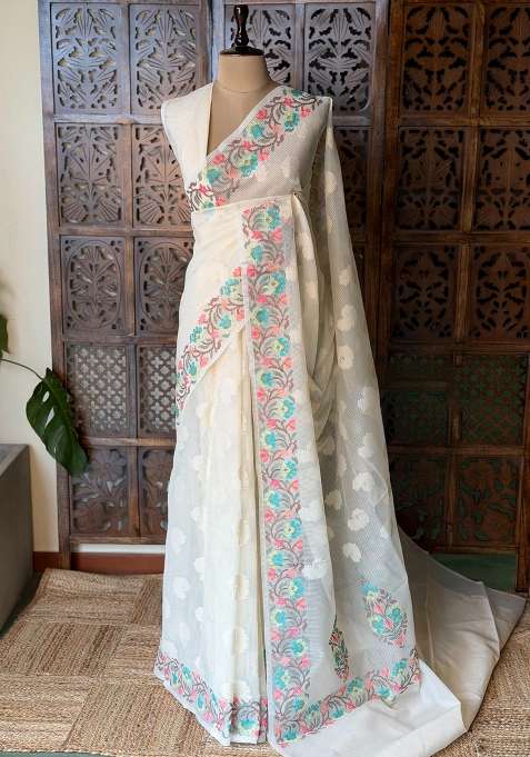 Off White Net Kotta Saree With Traditional Woven Design For Women