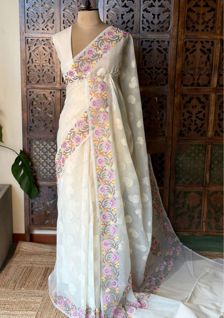 Off White Net Kotta Saree With Traditional Woven Design For Women - Indya