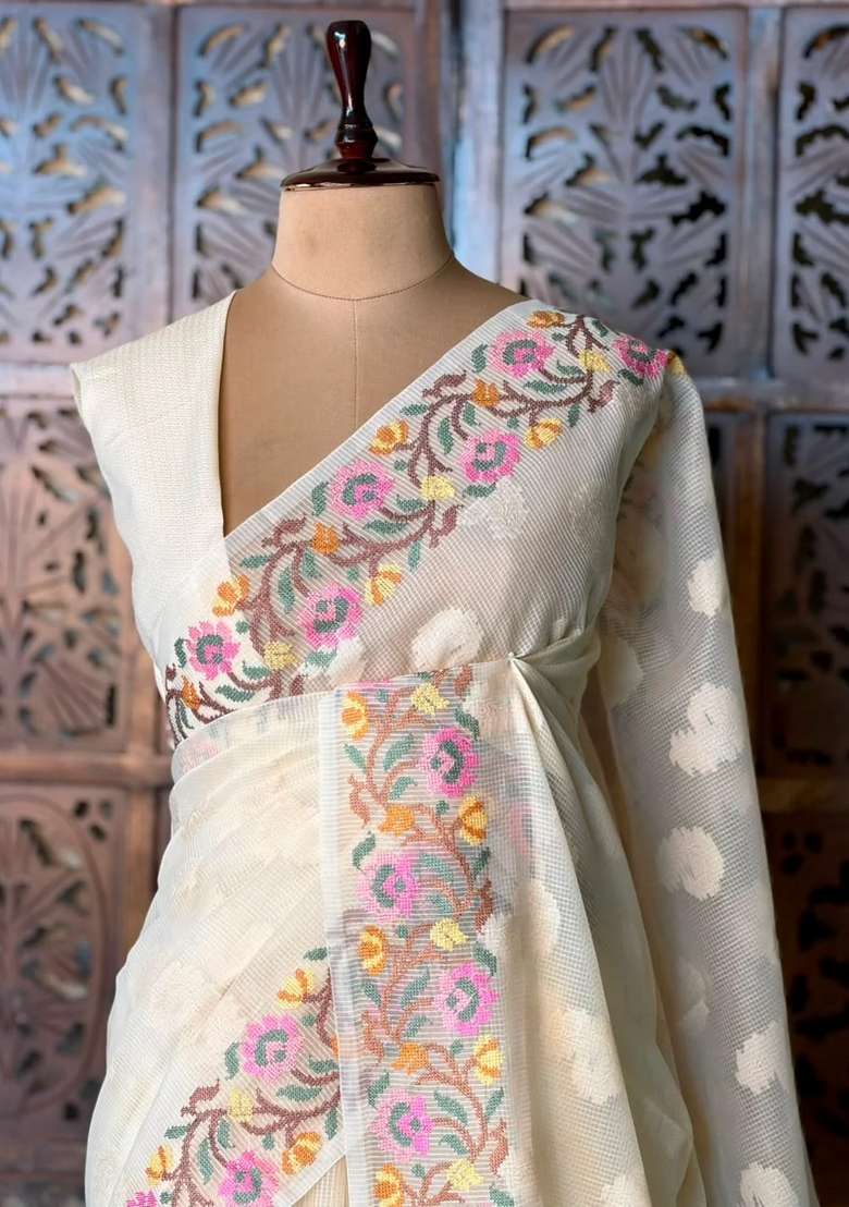 Off White Net Kotta Saree With Traditional Woven Design For Women - Indya