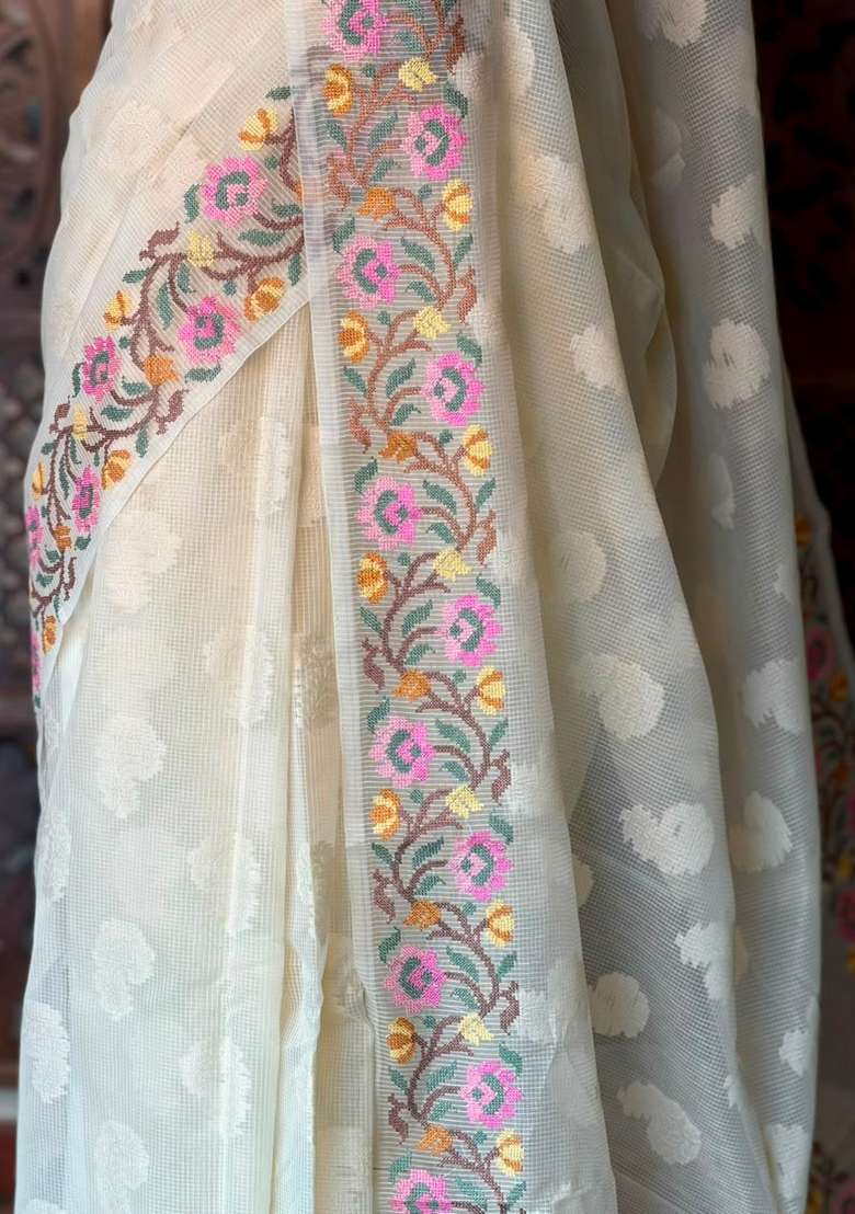 Off White Net Kotta Saree With Traditional Woven Design For Women - Indya