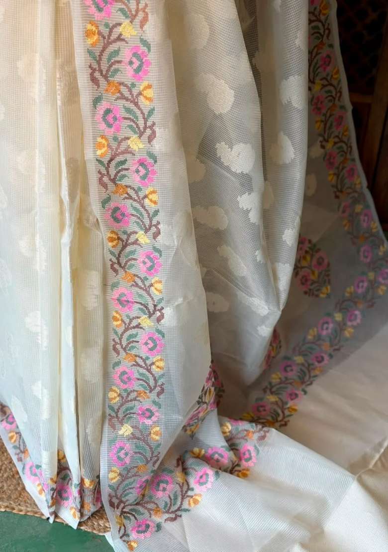 Off White Net Kotta Saree With Traditional Woven Design For Women - Indya