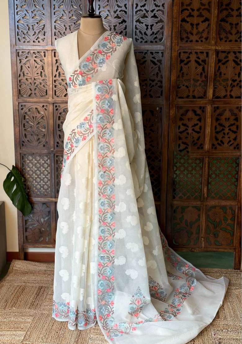 Off White Net Kotta Saree With Traditional Woven Design For Women - Indya