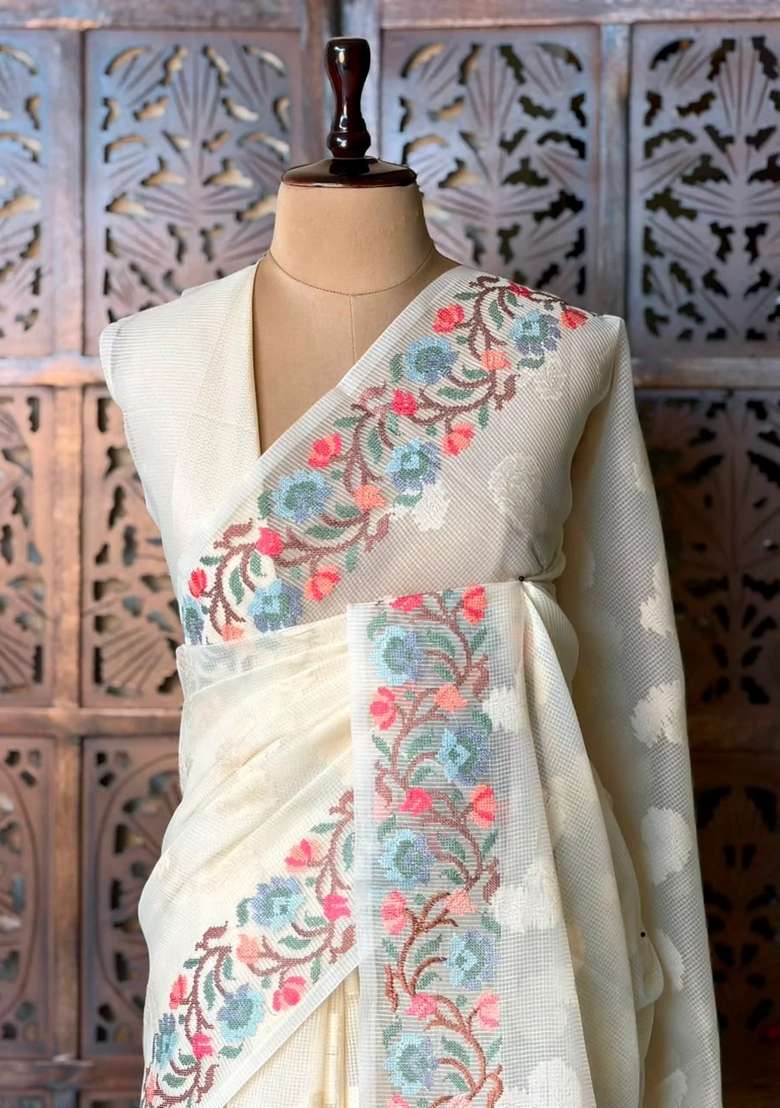 Off White Net Kotta Saree With Traditional Woven Design For Women - Indya