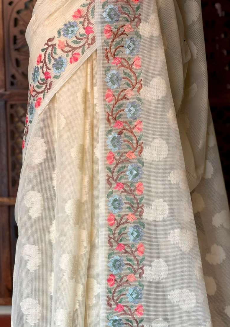 Off White Net Kotta Saree With Traditional Woven Design For Women - Indya