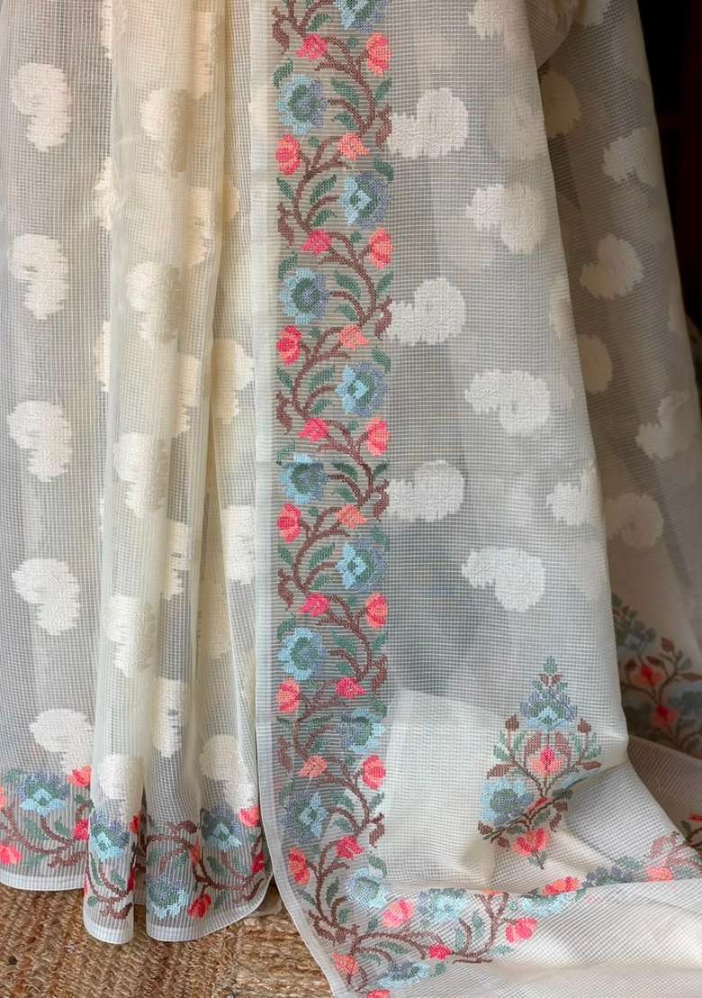 Off White Net Kotta Saree With Traditional Woven Design For Women - Indya