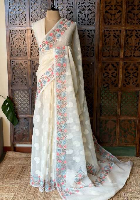 Off White Net Kotta Saree With Traditional Woven Design For Women