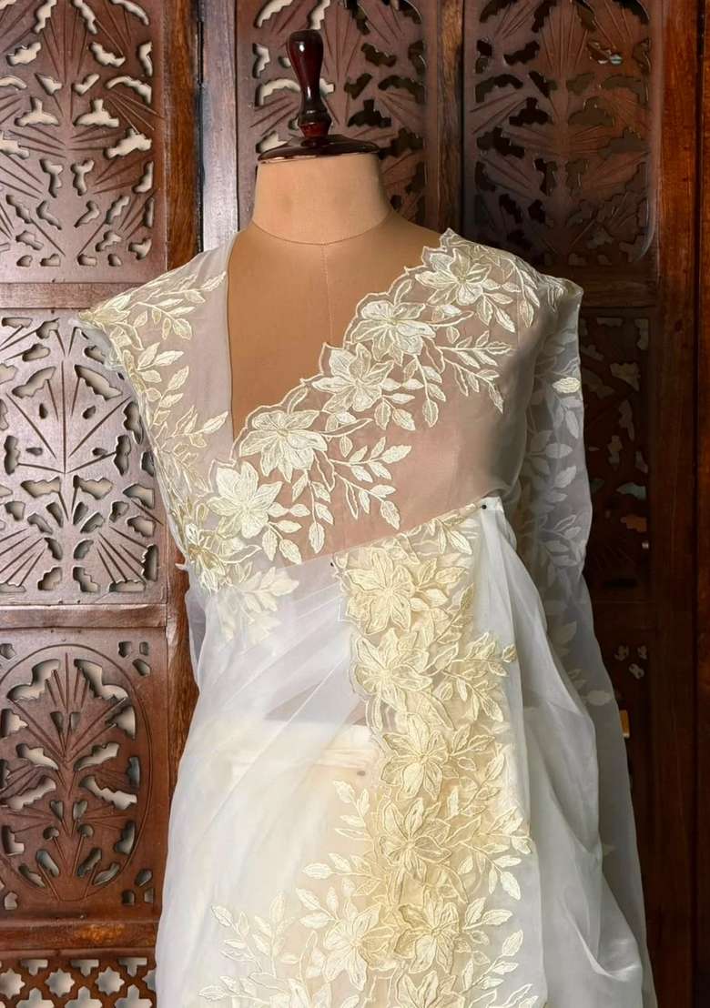 Off White Embroidered Organza Saree For Women - Indya