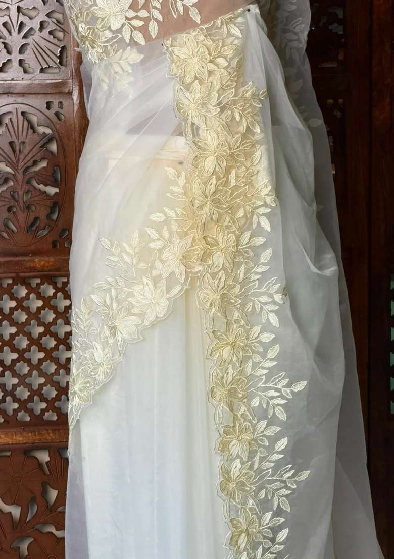 Off White Embroidered Organza Saree For Women - Indya