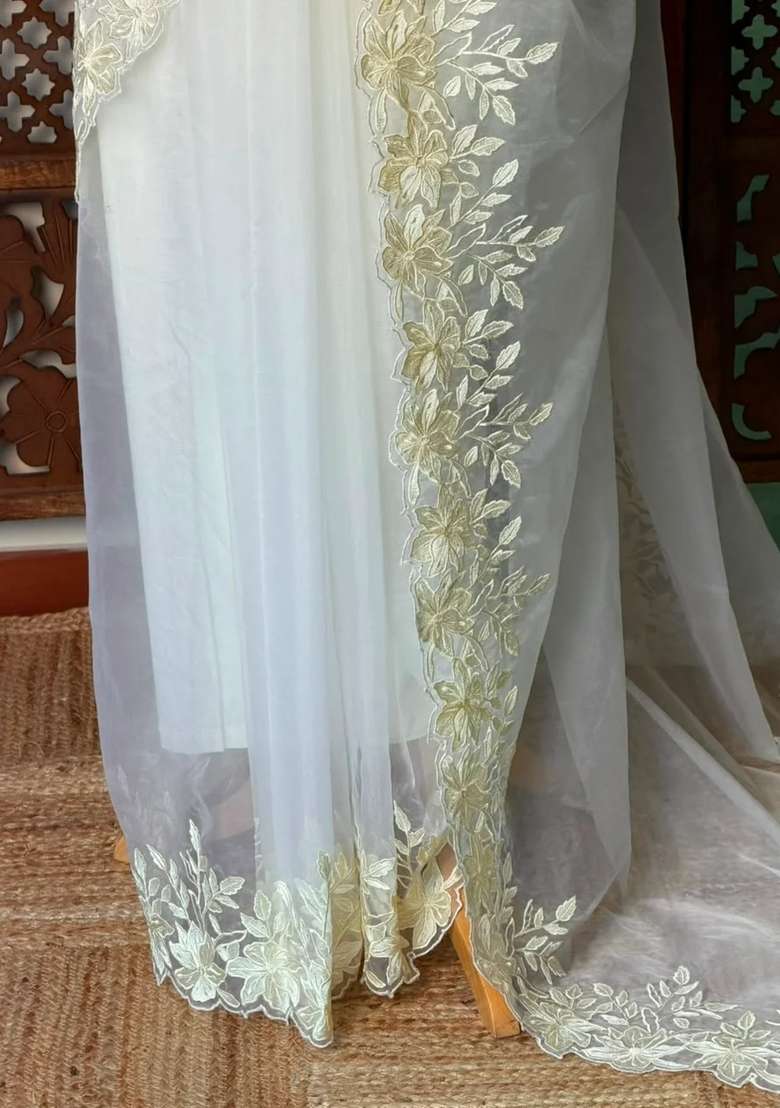 Off White Embroidered Organza Saree For Women - Indya