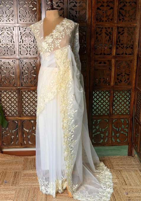 Off White Embroidered Organza Saree For Women