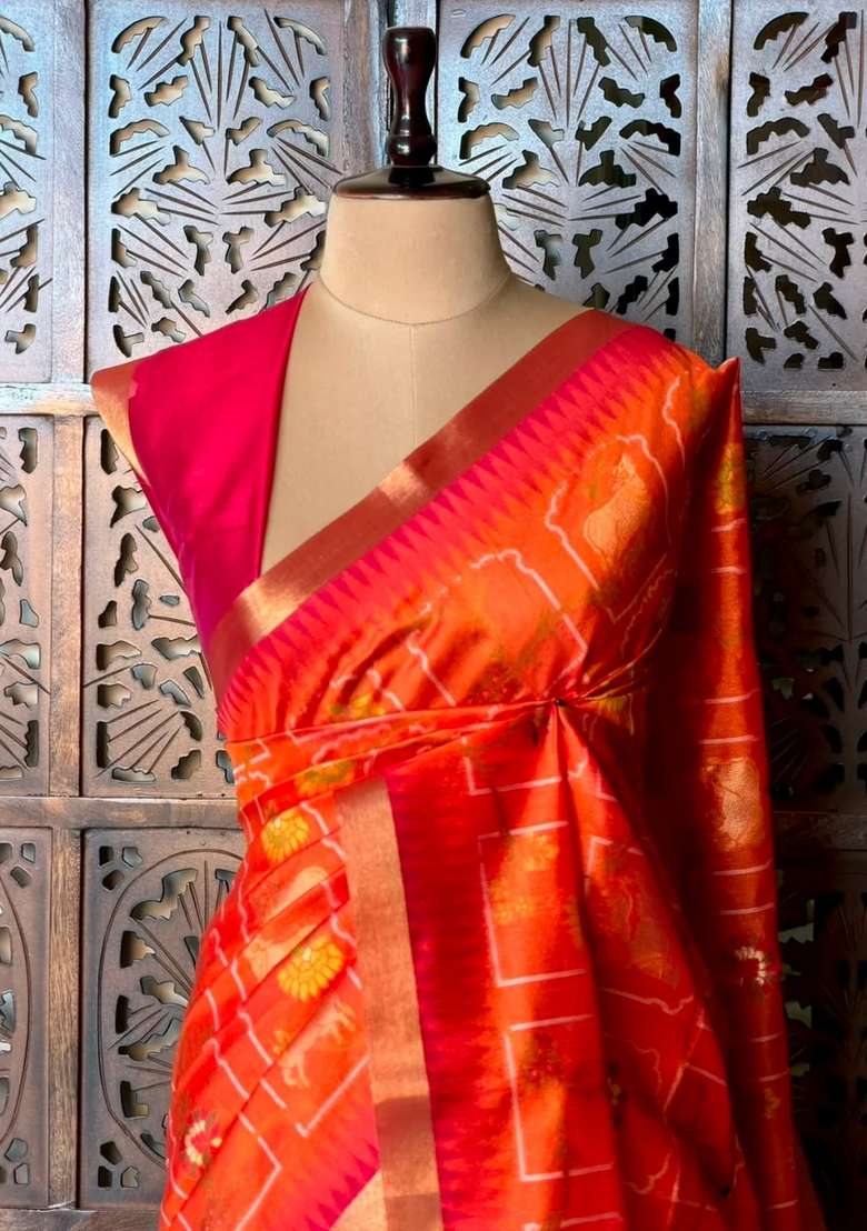 Orange Chanderi Silk Cotton Saree With Traditional Woven Design For Women - Indya