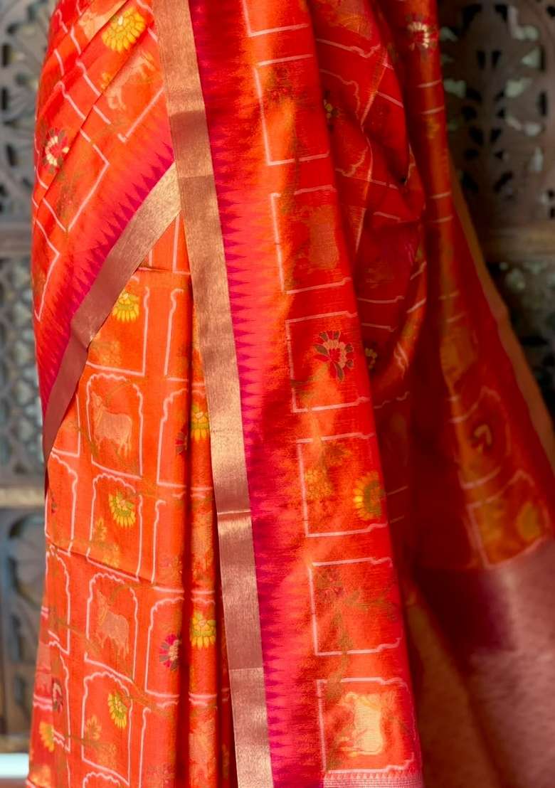 Orange Chanderi Silk Cotton Saree With Traditional Woven Design For Women - Indya
