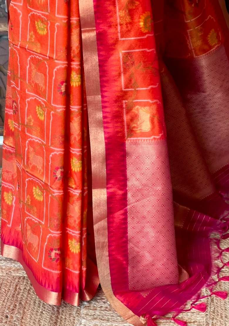 Orange Chanderi Silk Cotton Saree With Traditional Woven Design For Women - Indya