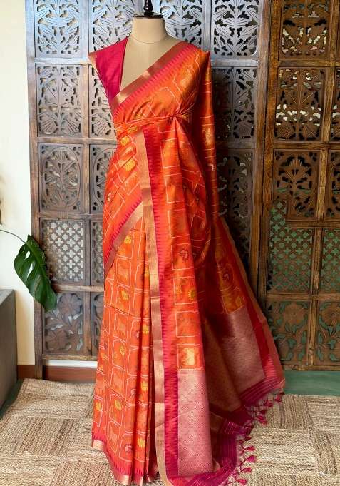 Orange Chanderi Silk Cotton Saree With Traditional Woven Design For Women