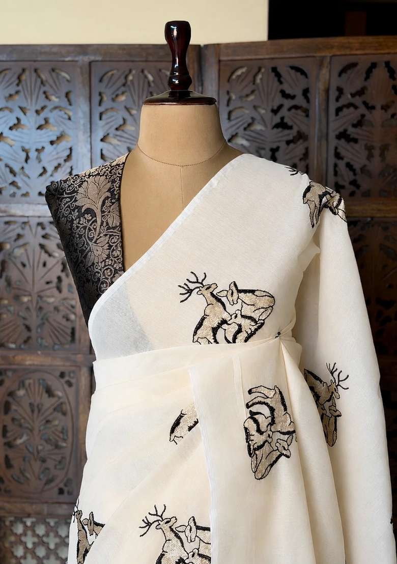 Off White Chanderi Cotton Silk Saree With Traditional Woven Design For Women - Indya