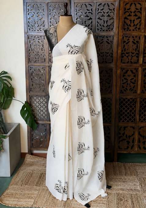 Off White Chanderi Cotton Silk Saree With Traditional Woven Design For Women