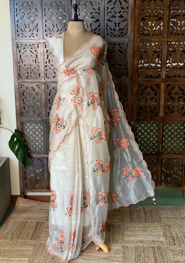 White Tissue Silk Saree With Traditional Woven Design For Women - Indya
