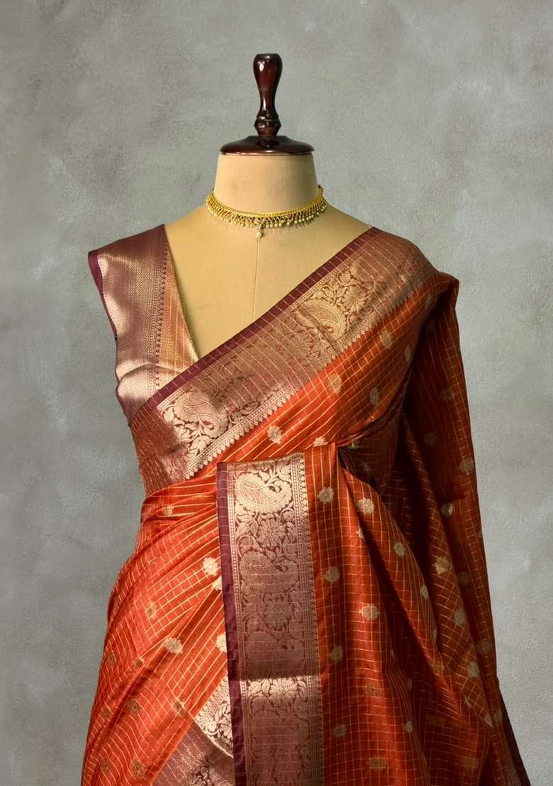Rust Orange Banarasi Silk Saree With Traditional Woven Design For Women - Indya