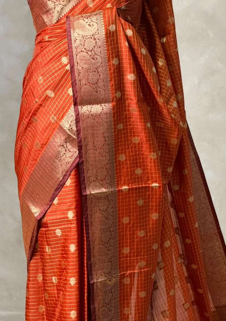 Rust Orange Banarasi Silk Saree With Traditional Woven Design For Women - Indya