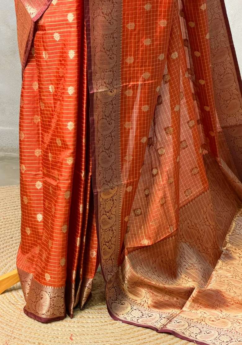 Rust Orange Banarasi Silk Saree With Traditional Woven Design For Women - Indya