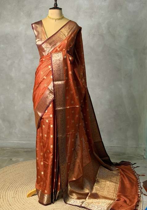 Rust Orange Banarasi Silk Saree With Traditional Woven Design For Women