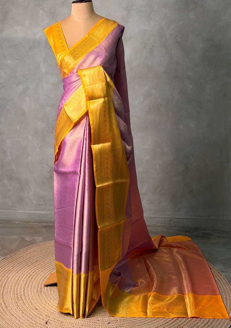 Pink And Yellow Tissue Banarasi Silk Saree With Traditional Woven Design For Women - Indya