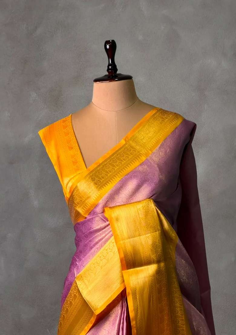 Pink And Yellow Tissue Banarasi Silk Saree With Traditional Woven Design For Women - Indya