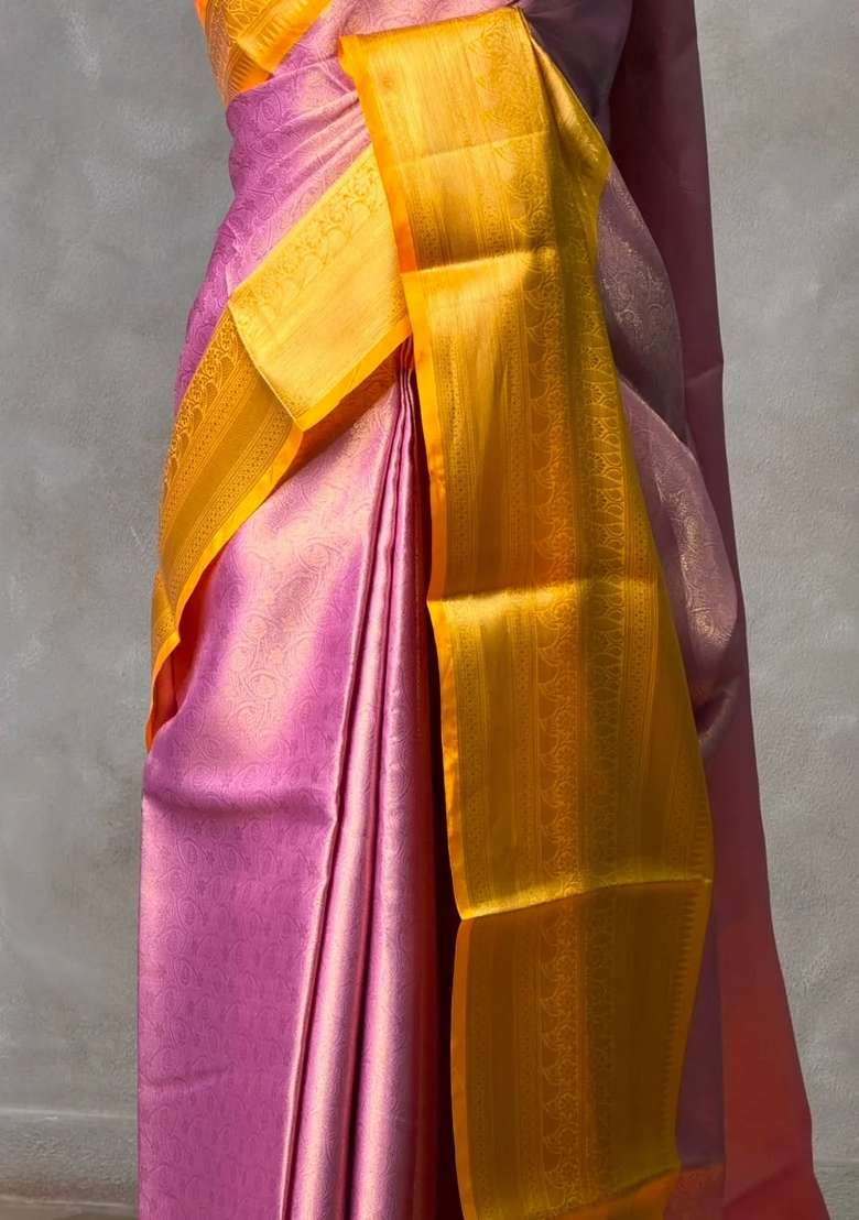 Pink And Yellow Tissue Banarasi Silk Saree With Traditional Woven Design For Women - Indya