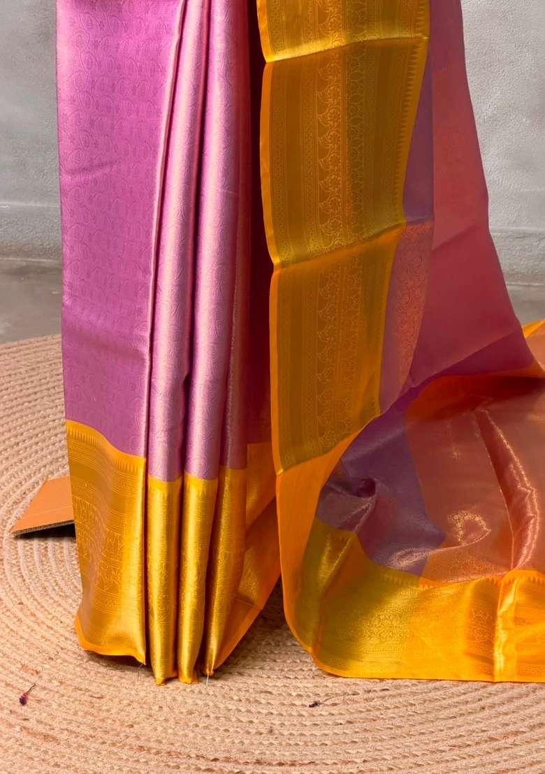 Pink And Yellow Tissue Banarasi Silk Saree With Traditional Woven Design For Women - Indya