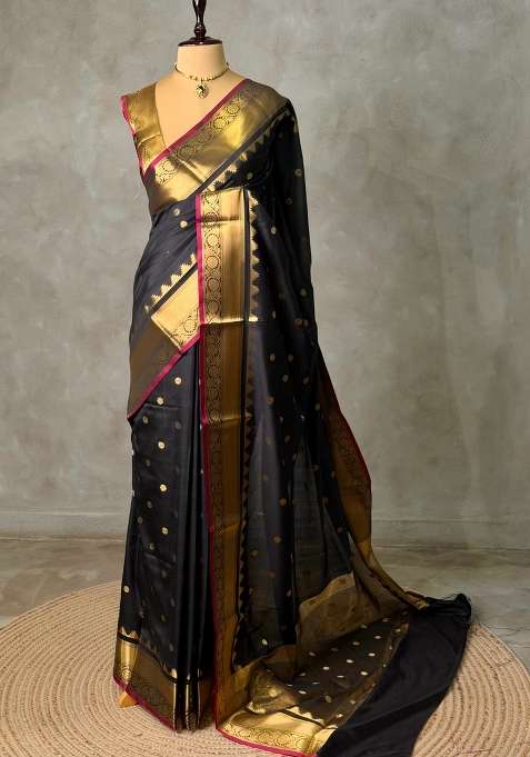 Black Banarasi Silk Saree With Traditional Woven Design For Women