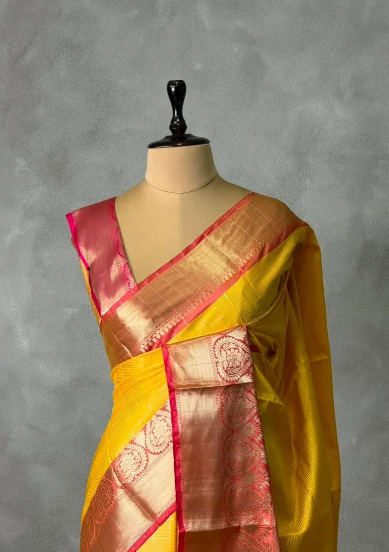 Yellow And Red Tissue Banarasi Silk Saree With Traditional Woven Design For Women - Indya