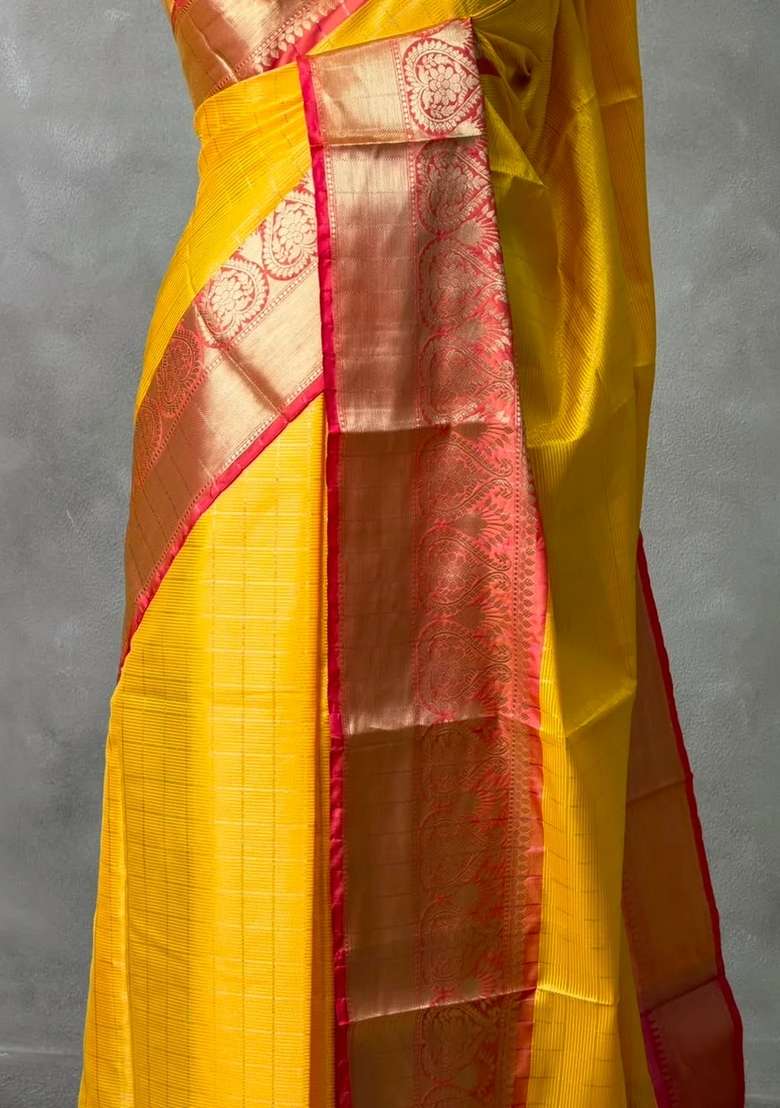 Yellow And Red Tissue Banarasi Silk Saree With Traditional Woven Design For Women - Indya