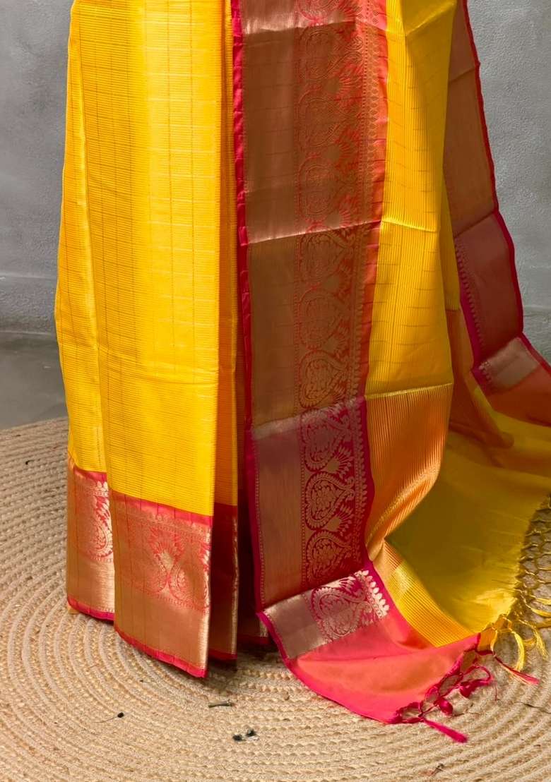 Yellow And Red Tissue Banarasi Silk Saree With Traditional Woven Design For Women - Indya