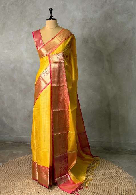 Yellow And Red Tissue Banarasi Silk Saree With Traditional Woven Design For Women