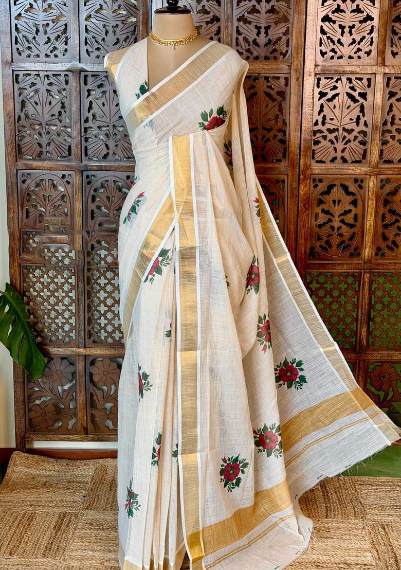 Off White Soft Semi Linen Saree With Traditional Woven Design For Women - Indya