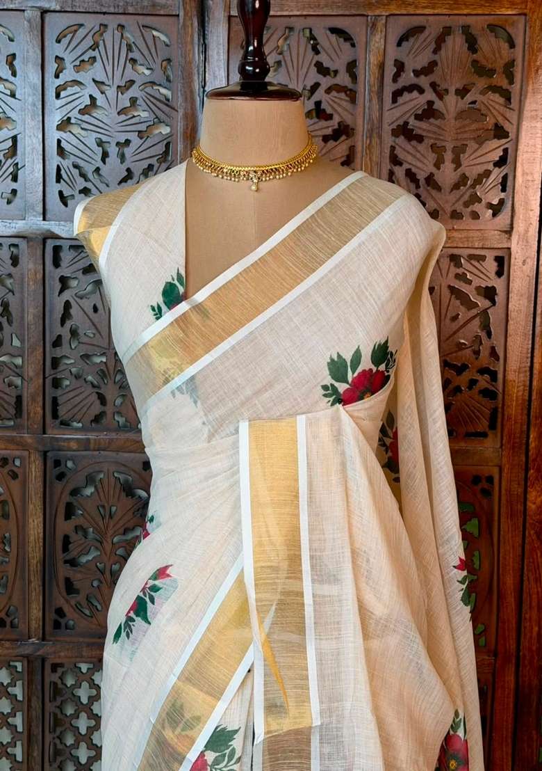 Off White Soft Semi Linen Saree With Traditional Woven Design For Women - Indya